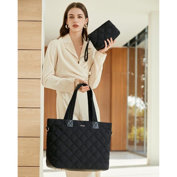 Prite Women Black Polyester Compartment Quilted Puffer Shoulder Tote Work Bag - Picture 2 of 7